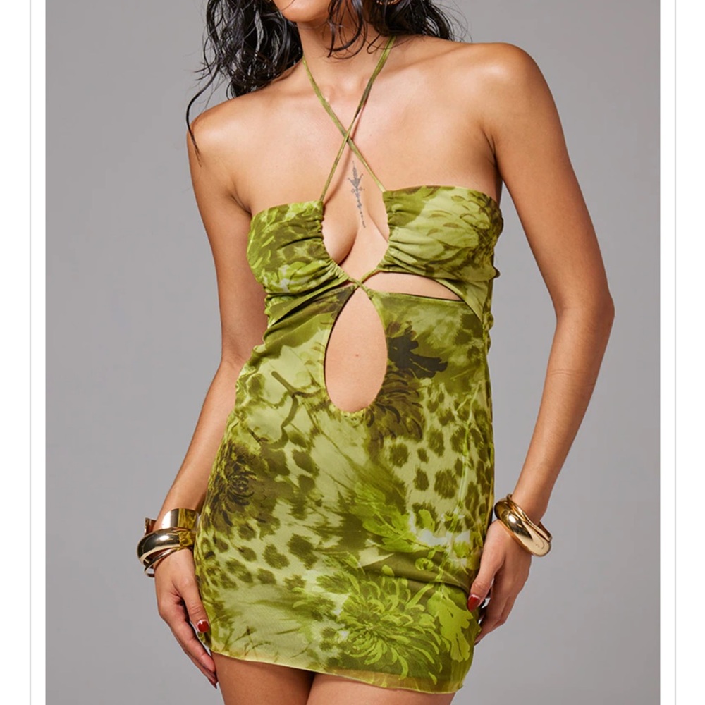PrettyLittleThing Green Animal Print Cut Out Cross Over Mini Dress